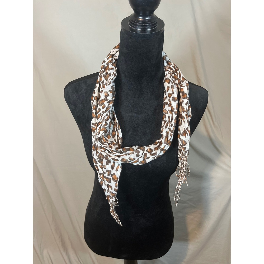 Unbranded Leopard Print Lightweight Scarf Brown White Animal Pattern Fringe Trim